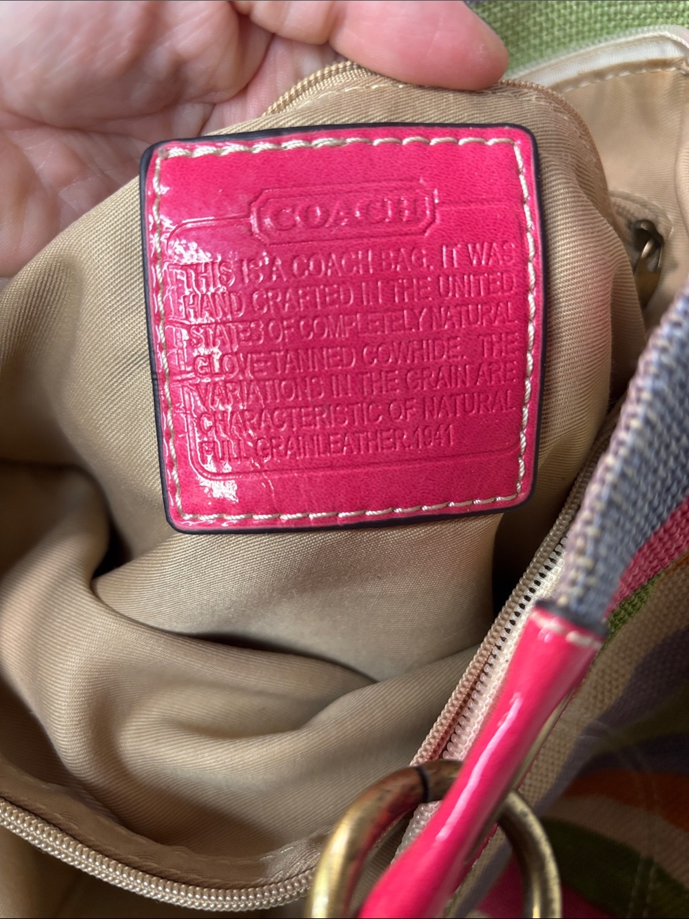 Coach HTF Legacy Striped Multicolor Woven Tote Bag with Pink Patent Leather Trim - Picture 10 of 16